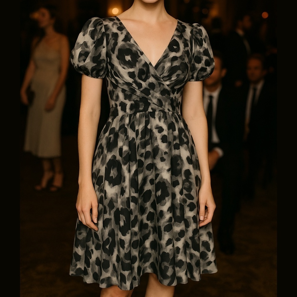 Abstract Mini Dress Sweetheart Neckline Puff Sleeves A-line Empire Waist